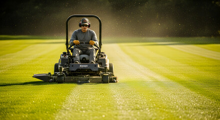 Professional Groundsman Mowing Large Green Grass Field at Golden Hour
