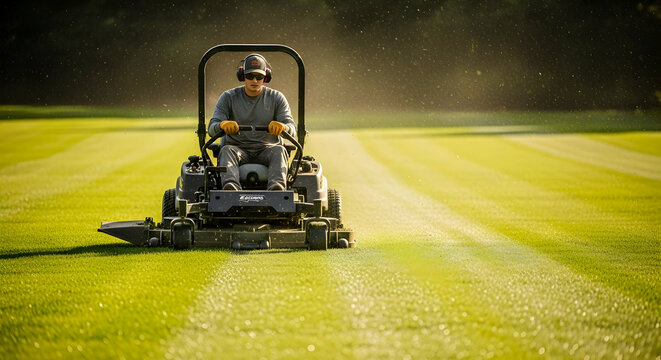 Professional Groundsman Mowing Large Green Grass Field at Golden Hour