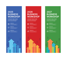 Modern business workshop roll-up banners with arrow graphics symbolizing growth and progress. Perfect for workshops, events, conferences, branding projects, combining style and professionalism.