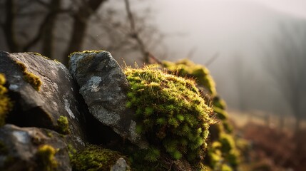 Mossy Stone Wall in Misty Forest