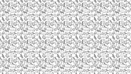 Seamless pattern of science themed doodles including beakers dna and water molecule sketches on white