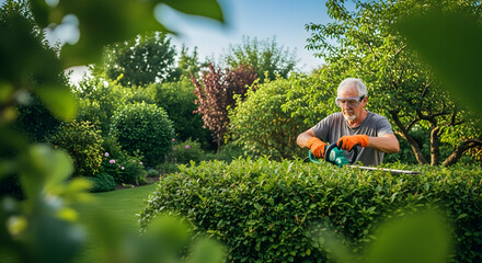 Active Senior Man Gardening, Pruning Hedge with Electric Trimmer in Sunny Backyard