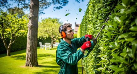 Man Trimming Garden Hedge with Electric Trimmer on Sunny Day