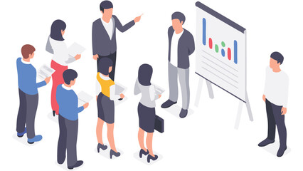 Fototapeta premium Illustration of a business presentation with a group of people and a presenter near a chart board