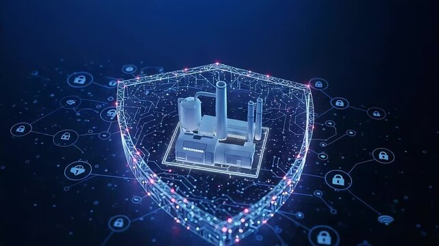 A digital representation of a factory secured within a shield, symbolizing protection in a connected environment, with data nodes and security icons in the background