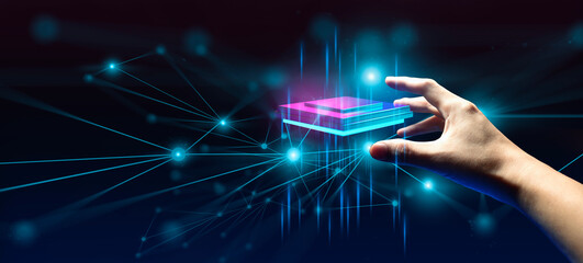 hand of businessman interactive touching a holographic of transaction financial network data...