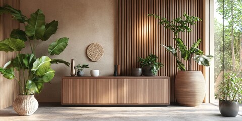Warm, modern office with plants and organic materials.