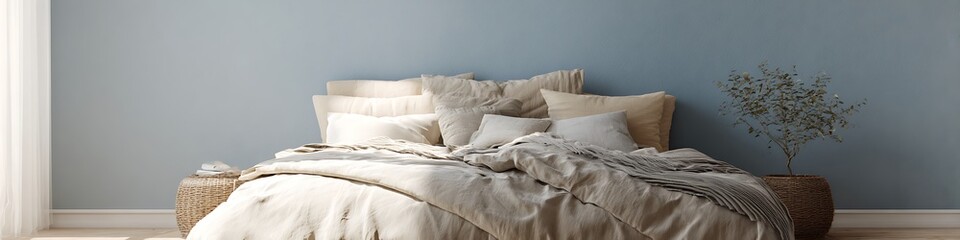 Bedroom Scene Muted Blue Wall Soft Beige Linens Clean Minimalist Design Neutral Tones Styled Bedding Layers Soft Daylight