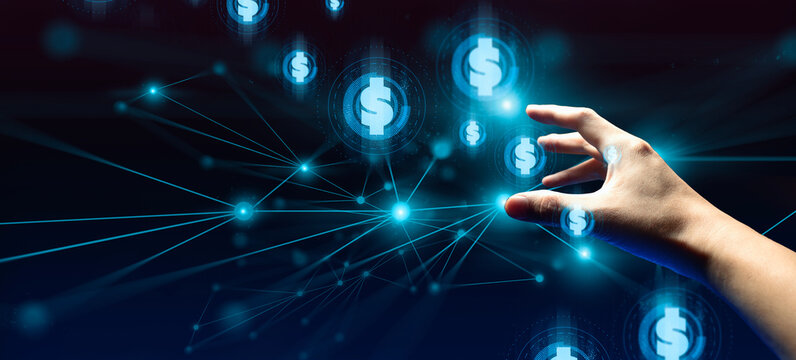 hand of businessman interactive touching a holographic of transaction financial network data system, concept of technology artificial intelligence with human user application - Powered by Adobe