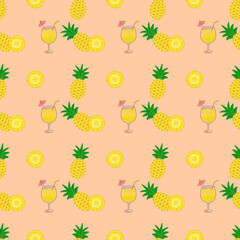 Seamless pattern of pineapple (Ananas comosus) and pineapple cocktail in summer with orange background. Tropical fruit pattern and holiday.