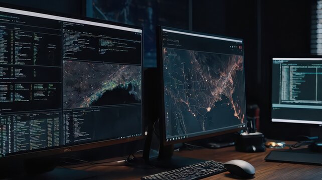 A workstation with multiple monitors displaying code and geographical data analysis in a dark room