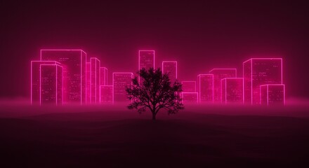 Pink Neon City Skyline at Night with Fog and Solitary Tree

