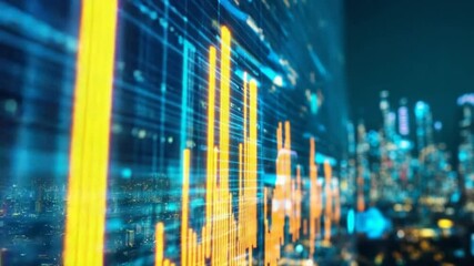 Futuristic Financial Chart Overlaying Urban Cityscape, showcasing market data analysis - Powered by Adobe