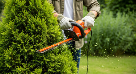 Obraz premium Close-up of a person trimming a green conifer shrub with an electric hedge trimmer in a garden, showing flying clippings