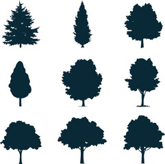 Tree silhouette icon set featuring various species, perfect for landscape, park, or environmental graphics.