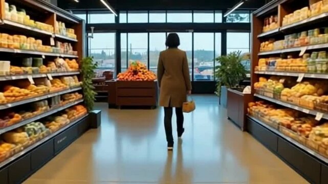 Solitary Shopper Walking Through Bright, Well-Stocked Grocery Stor