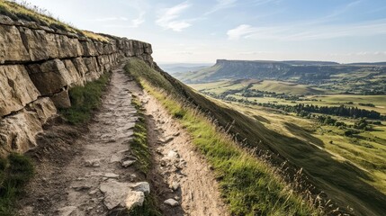Fototapeta premium A rocky cliffside trail overlooking a vast green valley under a partly cloudy sky during daytime.