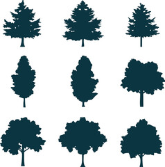 Vector icons of diverse tree silhouettes in black, great for logo design, signage, and infographics.