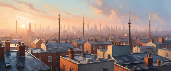 Impressionistic rooftop view over a dense urban skyline at sunrise, chimneys and antennas scattered across glowing rooftops, hazy sky rendered with soft thick strokes.