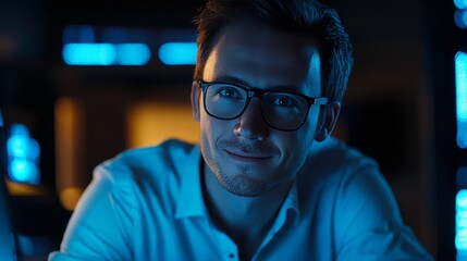 A man wearing glasses is sitting at a computer screen, focused on the data displayed.