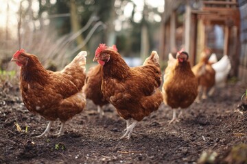 Free-Range Chickens Foraging Outdoors in Farmyard Environment at Sunset.