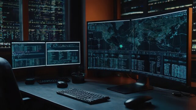 A workstation with multiple monitors displaying complex data visualizations and code analysis screens