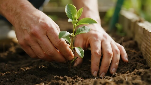 a person's hands gently planting a small green seedling in fertile soil, close-up view of hands caring for a young plant, hands nourishing new growth in a garden, detail shot of someone's hands tendin