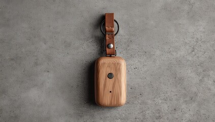 Rectangular wooden tracker with leather strap and metal ring, rests on a textured gray surface