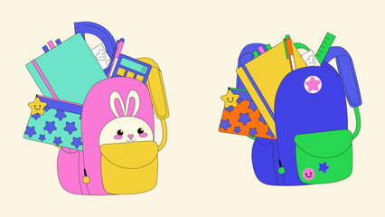 Cute backpack set with school supplies for study, student equipment. Flat style vector illustration.