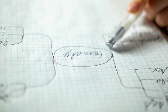 teenage boy draws family mind map relatives, DNA, and genealogy, sketches family tree, trust and generational bonds, child’s hands write, sketches ideas on graph paper, productivity learning