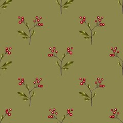colorful seamless pattern, branches with red berries on a green background