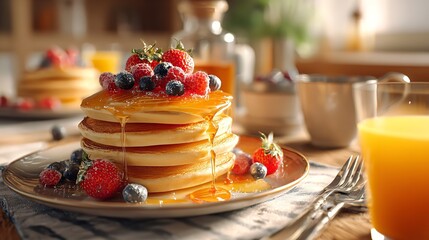 Berry-Topped Pancakes with Syrup High-Resolution Photo of a Colorful Breakfast Stack with Mixed Berries and Orange Juice