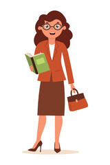 Businesswoman character holding book with briefcase standing in confident pose in business clothes. Business lady in flat style isolated on white background. Vector illustration.