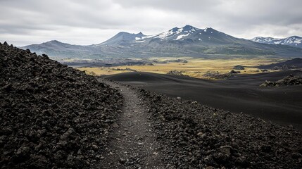 A volcanic landscape with black lava rocks in the foreground, leading to distant mountains under a cloudy sky.