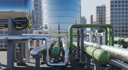 Modern Hot Water Tank System and Industrial Piping Network on City Rooftop