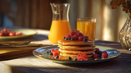 Berry-Topped Pancakes with Syrup High-Resolution Photo of a Colorful Breakfast Stack with Mixed Berries and Orange Juice