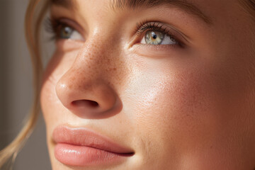 Close-up of youthful freckled skin glowing with health, highlighting refined texture and natural radiance