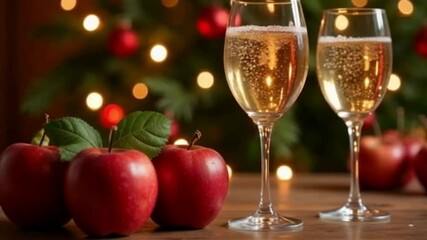 holiday, celebration, champagne, sparkling beverage, effervescent, stemmed glasses, red apples, glossy apples, green leaves, festive lights, Christmas tree, ornaments, red and gold, bokeh, soft lighti - Powered by Adobe