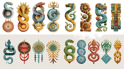 Decorative serpent and tribal symbols in rich colors and detailed style. Ideal for mythology-themed art, cultural motifs, or fantasy illustration collections.

