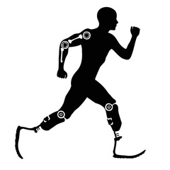 Paralympic athlete with bionic prosthesis: technological silhouette embodying determination and innovation.