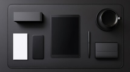 Neatly arranged office essentials on a dark leather desk mat, featuring a black box, white card, smartphone, tablet, pen, coffee cup, and case, in a minimalist monochrome black and white design.