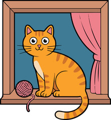 Cartoon orange tabby cat sitting in window with yarn ball cute pet illustration design vector