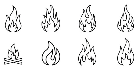 fire flat line icons, flames, flame of various shapes, bonfire vector illustration