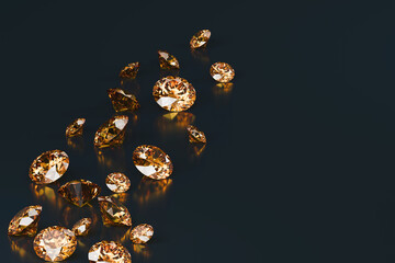 Amber gem diamonds placed on black background, 3d rendering	
