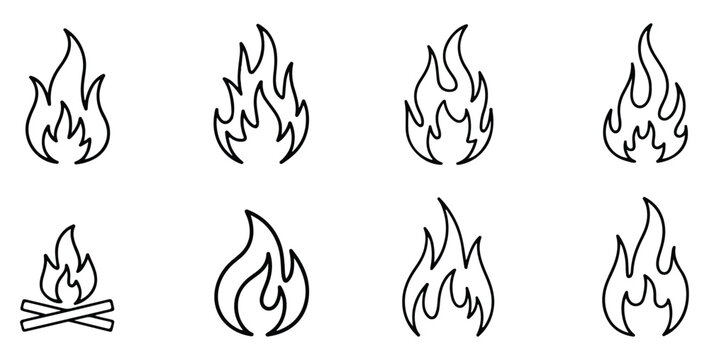 fire flat line icons, flames, flame of various shapes, bonfire vector illustration