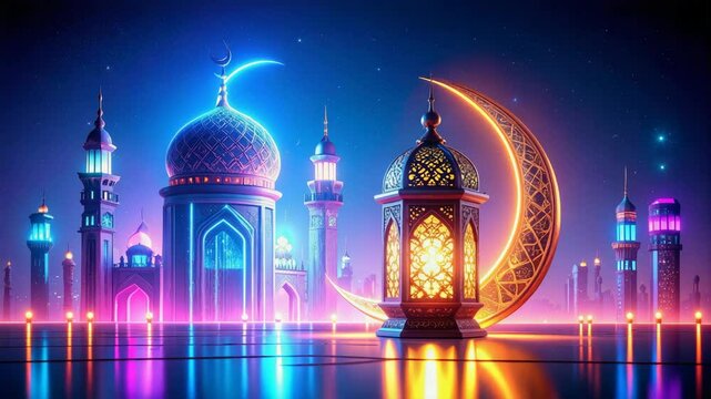 Nighttime futuristic mosques featuring a glowing crescent moon and ornate lantern.