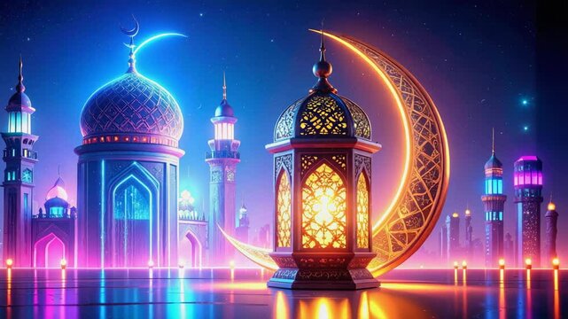 Nighttime futuristic mosques featuring a glowing crescent moon and ornate lantern.