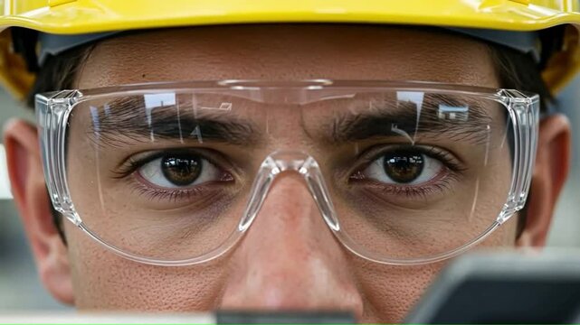 Closeup of a person wearing a yellow hard hat and safety glasses