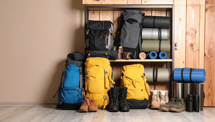 A shelf displaying an array of luggage bags organized for camping equipment storage in a neat and tidy arrangement