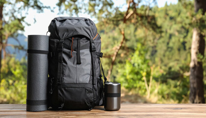 Camera and backpack for outdoor adventures with copy space for text on a neutral background ideal for camping themes